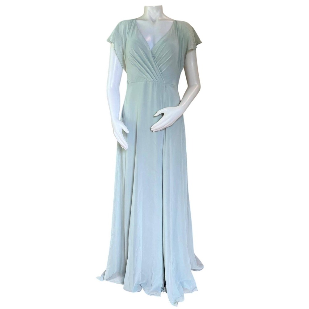 Jenny Yoo Alanna Sage Green Chiffon Open Back Flutter Sleeve Maxi Gown 12 Formal